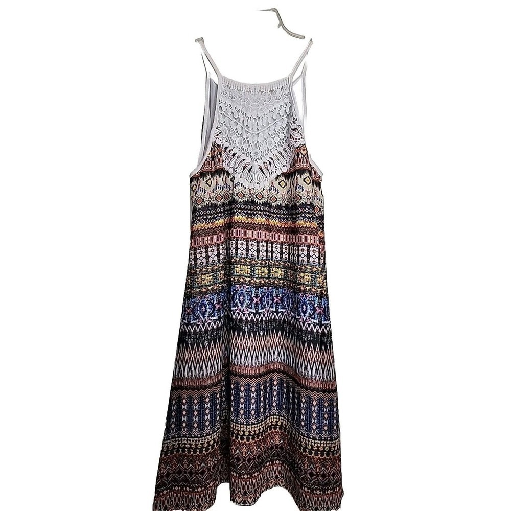 LUCKY BRAND Halter Dress With Crochet Large Geometric , Bright Colors, Lined